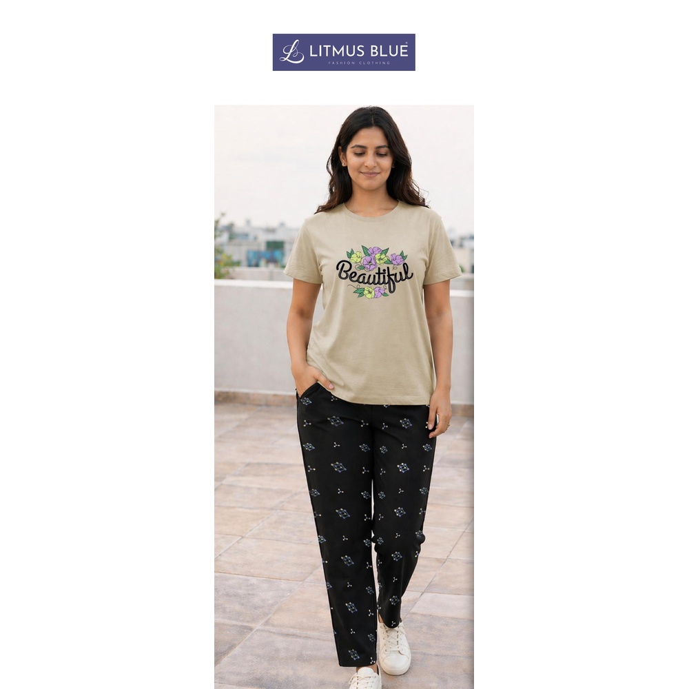 Litmus Blue Women's Premium Cotton Graphic T-Shirt & Printed Lounge Pants Co-ord Set | Regular Fit Nightwear & Loungewear