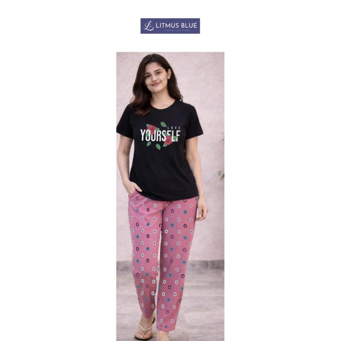 Litmus Blue Women's Premium Cotton Graphic T-Shirt & Printed Lounge Pants Co-ord Set | Regular Fit Nightwear & Loungewear