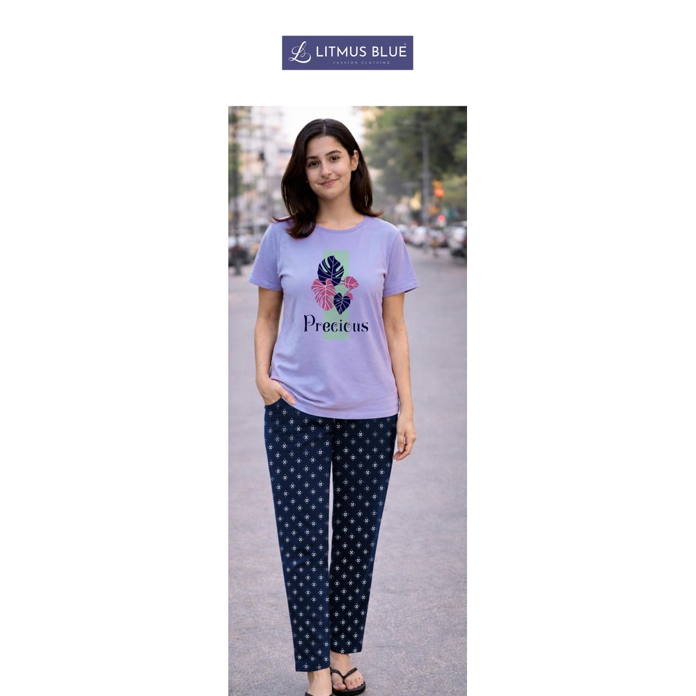 Litmus Blue Women's Premium Cotton Graphic T-Shirt & Printed Lounge Pants Co-ord Set | Regular Fit Nightwear & Loungewear