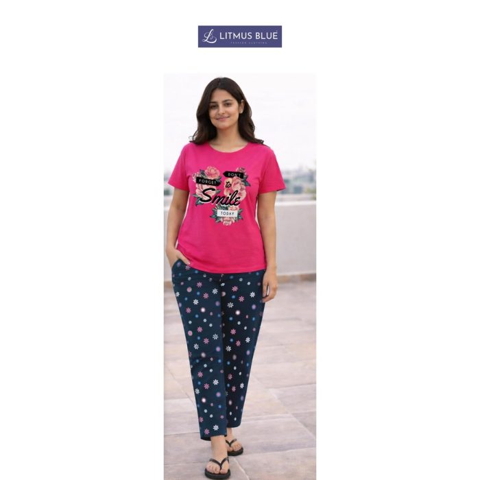 Litmus Blue Women's Premium Cotton Graphic T-Shirt & Printed Lounge Pants Co-ord Set | Regular Fit Nightwear & Loungewear