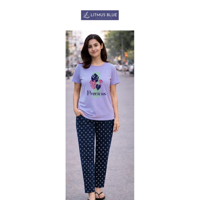 Litmus Blue Women's Premium Cotton Graphic T-Shirt & Printed Lounge Pants Co-ord Set | Regular Fit Nightwear & Loungewear