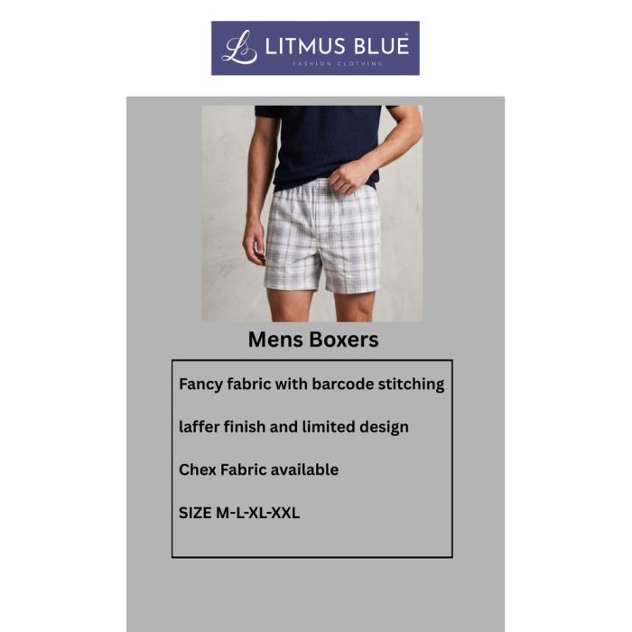 Litmus Blue Men's Premium Cotton Check Boxer Shorts | Soft Woven Checkered Innerwear | Regular Fit