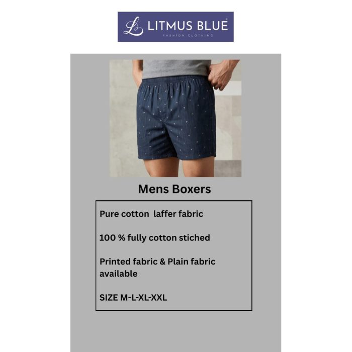 Litmus Blue Men's 100% Pure Cotton Boxer Shorts | Soft Printed & Solid Woven Innerwear | Regular Fit