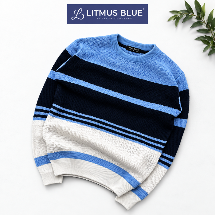 Litmus Blue Men's Blue & White Striped Knit Sweater | Premium Crew Neck Winter Wear