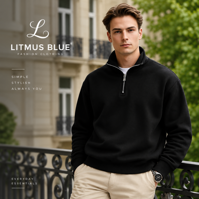 Litmus Blue Men’s Black Half-Zip Sweatshirt | Premium Casual Wear