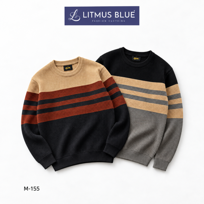 Litmus Blue Men's Premium Textured Knit Sweatshirt | Striped Crew Neck Pullover