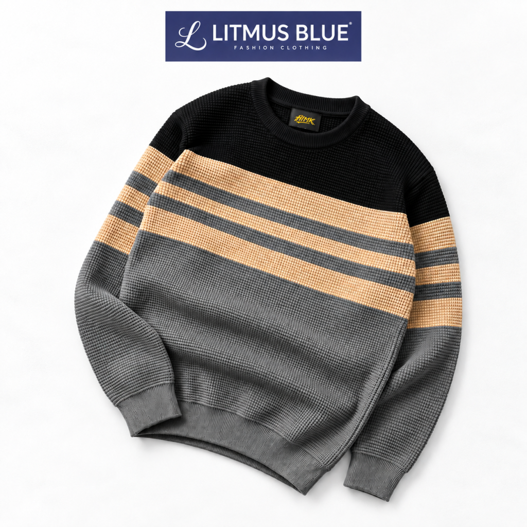 Litmus Blue Men's Premium Textured Knit Sweatshirt | Contrast Stripe Crew Neck Sweater