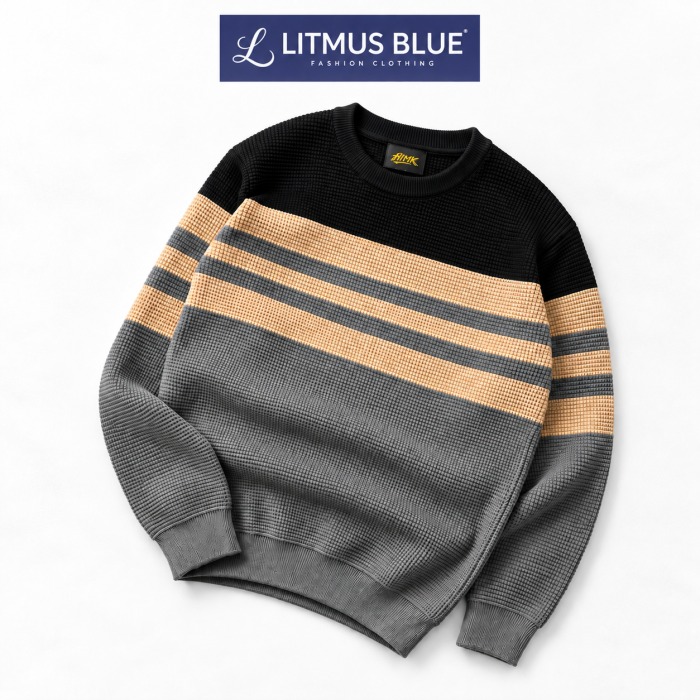Litmus Blue Men's Premium Textured Knit Sweatshirt | Contrast Stripe Crew Neck Sweater