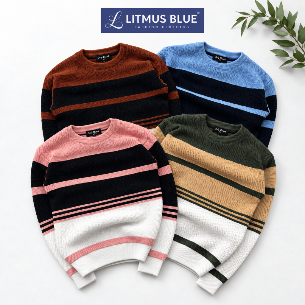 Litmus Blue Men's Premium Striped Knit Sweater | Textured Crew Neck Winter Wear