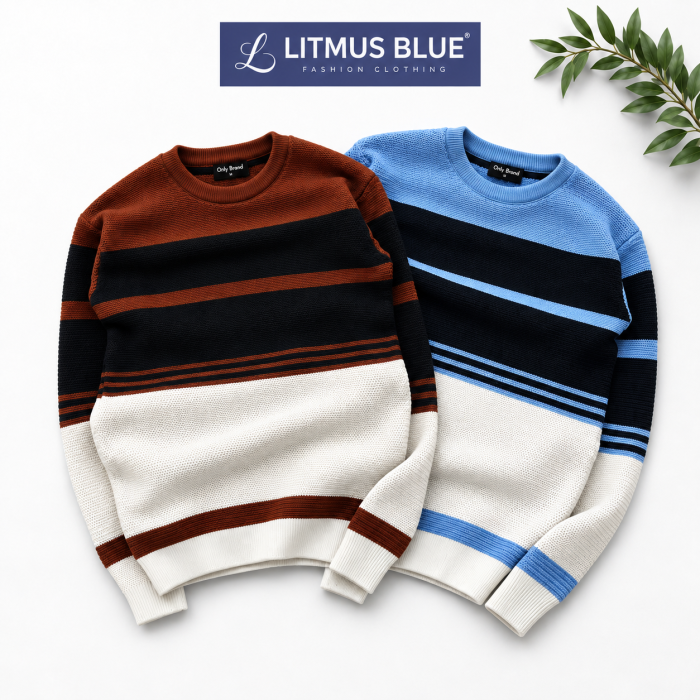 Litmus Blue Men's Color Block Striped Knit Sweater | Premium Crew Neck Winter Wear