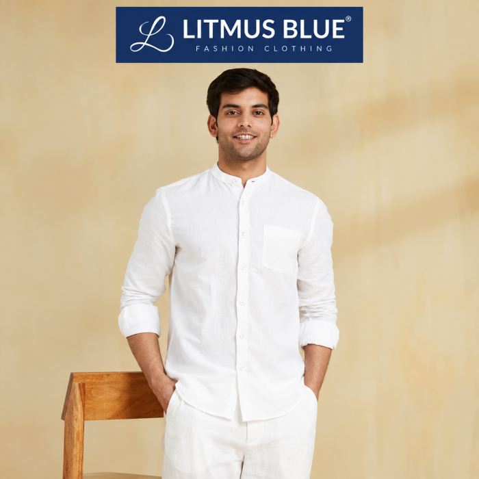 Men’s White Mandarin Collar Shirt | Full Sleeve Casual Shirt