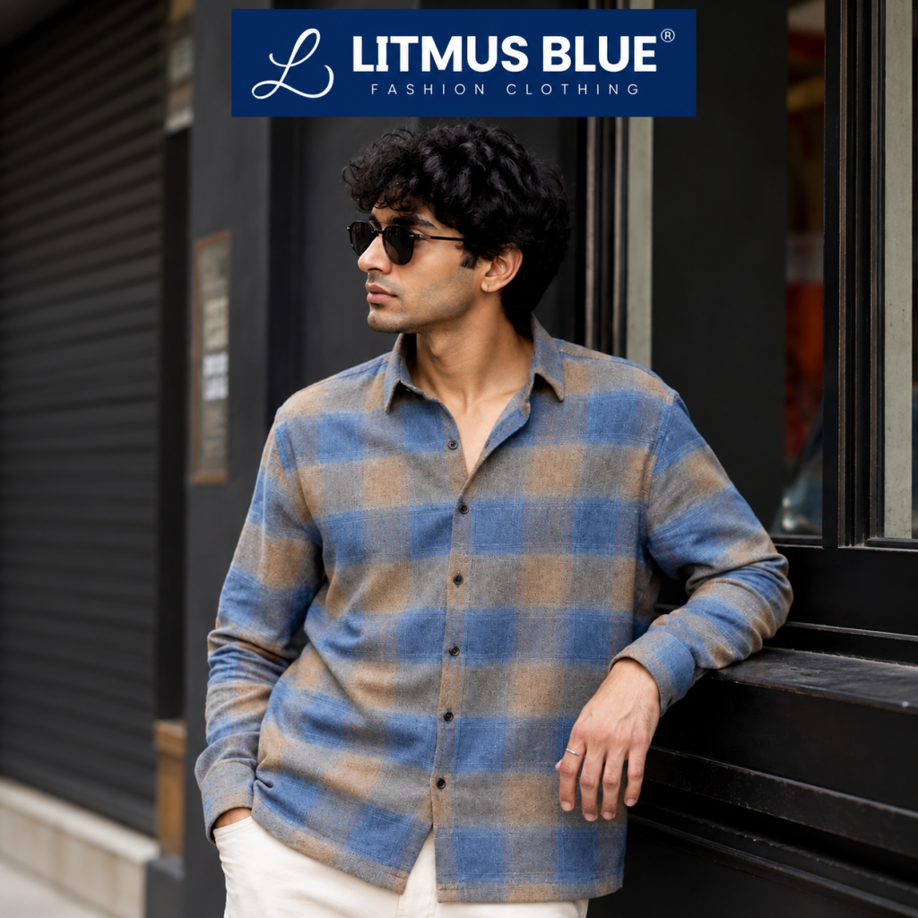 Men’s Blue & Beige Checked Full Sleeve Shirt